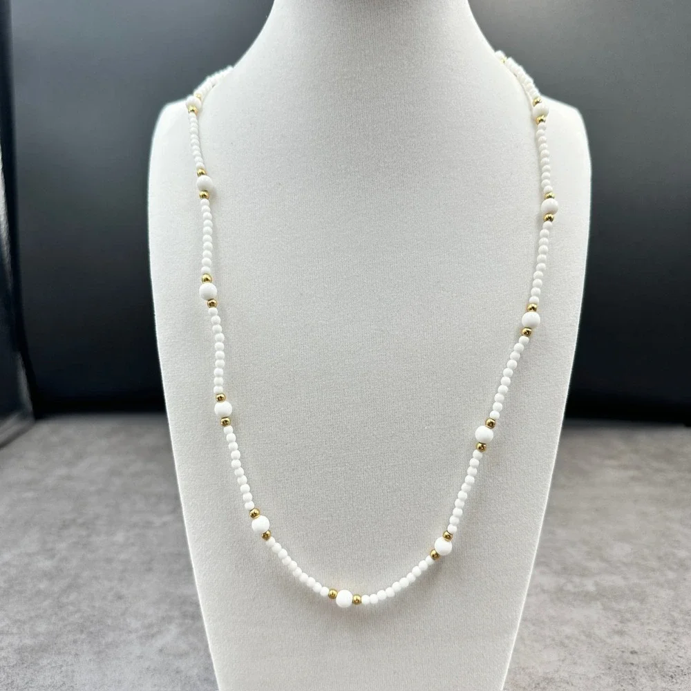 Napier Vintage White Seed Bead & Gold-Tone Accents Minimalist Layering‎ Necklace